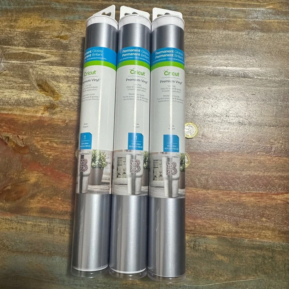 Lot of 3 Cricut Premium Vinyl Permanent Glossy Silver 12x48in Rolls 2008271